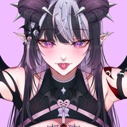 1girl arm_out_of_frame armpits bare_shoulders belt belt_buckle black_belt black_hair black_shirt blush bow buckle clothing_cutout commentary double_bun ear_piercing earrings english_commentary grey_hair hair_bun hair_ornament heart heart-shaped_pupils heart_ornament highres indie_virtual_youtuber jewelry long_hair looking_at_viewer multicolored_hair noriben piercing pill pill_on_tongue pointy_ears portrait purple_bow purple_eyes second-party_source shirt sidelocks simple_background sleeveless solo spikes sprinkle_hershy sprinkles symbol-shaped_pupils tongue tongue_out torn_clothes two-tone_hair virtual_youtuber wing_ornament