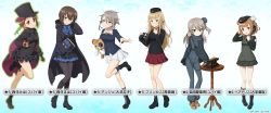 Rule 34 | 6+girls, ange (princess principal), ange (princess principal) (cosplay), beatrice (princess principal), beatrice (princess principal) (cosplay), beret, black dress, black footwear, black jacket, black legwear, black shirt, blonde hair, blue background, blue bow, blue eyes, blue jacket, blue neckwear, blunt bangs, blush, boko (girls und panzer), book, bow, braid, breasts, brown eyes, brown footwear, brown hair, bun cover, cape, character name, cosplay, costume switch, crossover, double bun, dress, french braid, frilled dress, frills, garrison cap, girls und panzer, girls und panzer senshadou daisakusen!, gradient background, green shirt, grey hair, grey pants, grey skirt, grey vest, hair bun, hat, headset, highres, holding, holding book, hooded robe, jacket, kuromorimine military uniform, legs, long hair, long sleeves, looking at viewer, multiple girls, nishizumi maho, nishizumi maho (cosplay), nishizumi miho, nishizumi miho (cosplay), official art, ooarai military uniform, pants, pantyhose, phone, pleated skirt, princess (princess principal), princess (princess principal) (cosplay), princess principal, red skirt, robe, scarf, school uniform, selection university military uniform, shimada arisu, shimada arisu (cosplay), shirt, short hair, sidelocks, single hair bun, skirt, smile, socks, table, thighs, throat microphone, top hat, vest, white skirt