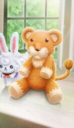 commentary day fate/grand_order fate/stay_night fate_(series) fou_(fate) lasengle no_humans object_focus official_art riyo_(lyomsnpmp)_(style) stuffed_animal stuffed_lion stuffed_toy third-party_source window