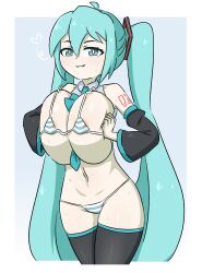 1girl armpits bikini black_thighhighs blue_eyes blue_hair breast_press female_focus hatsune_miku heart jua large_penis long_hair looking_at_viewer navel nipples panties penis smile solo sweat swimsuit thighhighs underwear vocaloid wet