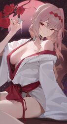 1girl breasts choko_(cup) closed_mouth commentary cup fingernails flower full_moon goddess_of_victory:_nikke hairband highres holding holding_cup japanese_clothes kimono kji_(rozo) large_breasts long_hair long_sleeves moon nail_polish pink_hair red_eyes red_flower red_hairband red_moon red_nails red_sash red_sky sash scarlet_(nikke) sitting sky solo star_(sky) starry_sky white_kimono