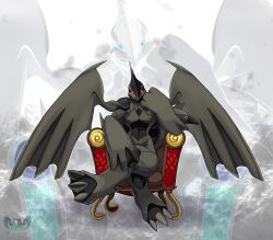 absurdres artist_logo claws colored_sclera commission dragon_tail dragon_wings game_freak gen_5_pokemon highres horns legendary_pokemon logo looking_at_viewer nintendo pokemon pokemon_(creature) red_sclera single_horn sitting solo tail tytofi wings zekrom zoom_layer