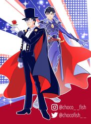2boys ahoge alternate_costume armor armored_boots bad_id bad_twitter_id bishoujo_senshi_sailor_moon black_cape black_eyes black_hair black_hat black_jacket black_pants black_shoes black_suit blazer blue_background blue_boots blue_cape blue_gloves blue_pants boots bow bowtie breastplate cape cartoonized chiba_mamoru chocofish clenched_hand closed_mouth collared_shirt commentary dress_pants dress_shoes dual_persona english_commentary expressionless flower formal_clothes full_body gloves halftone halftone_background happy hat high_collar highres holding holding_flower instagram_username jacket knee_boots light_frown light_particles long_sleeves magical_boy male_focus mask masquerade_mask military_uniform multiple_boys open_clothes open_jacket outline pants parody parted_bangs red_background red_cape red_flower red_rose rose shirt shoes short_hair sleeve_cuffs smile sparkle style_parody suit toon_(style) top_hat traditional_bowtie tuxedo_kamen twitter_username two-sided_cape two-sided_fabric two-tone_background watermark white_bow white_bowtie white_gloves white_mask white_outline white_shirt winx_club