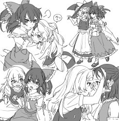 2girls ? apron ascot blush bow braid closed_mouth commentary_request detached_sleeves forehead-to-forehead frilled_bow frilled_hair_tubes frills greyscale hair_bow hair_tubes hakurei_reimu hat hat_bow heads_together highres hug kirisame_marisa long_hair mero_(starfish_jcs) monochrome multiple_girls multiple_views no_headwear one_eye_closed open_mouth ribbon-trimmed_sleeves ribbon_trim short_sleeves side_braid single_braid sweatdrop tokkuri touhou vest waist_apron witch_hat