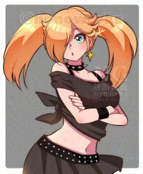 1girl alternate_costume alternate_hairstyle bare_shoulders belt black_belt black_skirt blonde_hair blue_eyes border choker crossed_arms earrings eyelashes eyeliner goth_fashion grey_background hair_over_one_eye highres jewelry long_hair looking_at_viewer makeup mario_(series) midriff navel nintendo nonoworks outside_border parted_lips rosalina shirt signature skirt solo spiked_choker spikes star_(symbol) star_earrings tied_shirt twintails twitter_username white_border wristband