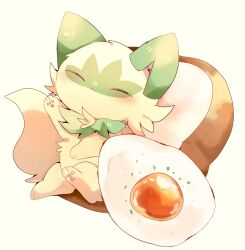 absurdres bread bread_slice closed_eyes commentary_request creatures_(company) egg_(food) food fried_egg game_freak highres lying nintendo no_humans on_back on_food oversized_food oversized_object pokemon pokemon_(creature) sleeping sprigatito toast yupo_0322