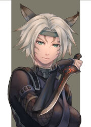 1girl absurdres animal_ear_fluff animal_ears arm_guards adventurer_(ff11) blue_eyes breasts cactus41747280 cat_ears cat_girl closed_mouth dagger facial_mark final_fantasy final_fantasy_xi fishnets grey_hair hair_intakes hand_up highres holding holding_dagger holding_knife holding_weapon knife looking_at_viewer medium_breasts mithra_(ff11) ninja ninja_(final_fantasy) no_eyebrows short_hair solo upper_body weapon whisker_markings