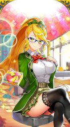 Rule 34 | 1girl, black thighhighs, blonde hair, bow, bowtie, breasts, chair, chocolate, coat, food, glasses, green coat, highres, holding, holding chocolate, holding food, large breasts, long hair, masyu yuyu, on chair, plaid clothes, plaid skirt, ponytail, red bow, red bowtie, shirt, sitting, skirt, thighhighs, torte zief, uchi no hime-sama ga ichiban kawaii, white shirt, window, yellow eyes, yellow skirt
