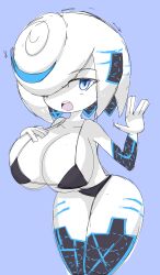 1girl bikini black_bikini blue_background blue_eyes blue_hair breasts cleavage collarbone glitch hair_over_one_eye hand_up large_breasts multicolored_hair open_mouth oppai_loli sage_(sonic) short_hair simple_background sketch solo sonic_(series) sonic_frontiers streaked_hair swimsuit teeth thick_thighs thighs upper_teeth_only white_hair yelladrill