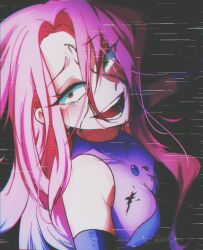1girl absurdres alien_stage black_blood black_dress black_gloves blood blood_on_chest blood_on_face brighteststarus commentary crazy_smile crying crying_with_eyes_open dress english_commentary from_above furrowed_brow gloves highres long_hair mizi_(alien_stage) open_mouth pink_hair signature sleeveless sleeveless_dress smile solo tears yellow_eyes