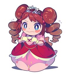 1girl blue_eyes blush_stickers bright_pupils brown_hair chibi chibi_only closed_mouth double_bun dress drill_hair flying_sweatdrops gloves hair_bun hair_ornament highres layered_dress long_hair nintendo pink_dress pokemon pokemon_bw2 pokestar_studios rosa_(pokemon) selyg15 short_sleeves solo tiara twin_drills twintails white_gloves white_pupils