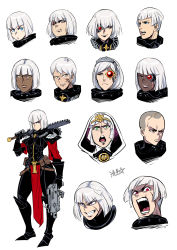 .75_calibre_bolt 6+girls adepta_sororitas ammunition anti-materiel_cartridge armor artificial_eye bolt_(warhammer_40k) bolt_pistol bolter chainsword commentary dark-skinned_female dark_skin english_commentary facial_scar fleur-de-lis frown gun habit headpiece high-explosive_cartridge highres holding holding_gun holding_weapon looking_to_the_side mechanical_eye multiple_girls open_mouth pauldrons pouch power_armor rocket-assisted_projectile rosary ryuusei_(mark_ii) scar scar_across_eye scar_on_cheek scar_on_face scar_on_forehead scar_on_mouth scar_on_nose shaved_head shoulder_armor signature skull warhammer_40k weapon white_background white_hair window_magazine