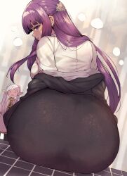 2girls ass ass_focus back bilingual_commentary black_coat blunt_bangs blush breasts coat commentary elf english_commentary fern_(sousou_no_frieren) frieren from_behind half_updo highres huge_ass large_breasts long_hair long_sleeves looking_at_viewer looking_back mixed-language_commentary multiple_girls open_mouth pointy_ears puff_of_air purple_eyes purple_hair revision sitting sousou_no_frieren wakura_(gcdan)