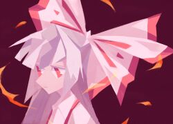 1girl bow closed_mouth commentary embers expressionless fujiwara_no_mokou grey_hair guuchama hair_bow long_hair looking_afar no_lineart pointy_nose red_background red_eyes shirt simple_background solo suspenders touhou upper_body white_bow white_shirt