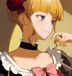 1girl beatrice_(umineko) blonde_hair blue_eyes bow choker dress flower hair_ornament katsubaoo short_hair smile solo umineko_no_naku_koro_ni