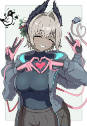 1girl :d ^_^ arknights black_gloves black_jacket black_shirt blush border breasts closed_eyes commentary_request dark-skinned_female dark_skin double_v electric_plug electric_plug_tail extra_arms facing_viewer four-finger_heart_hands gloves grey_background grey_hair grin hair_between_eyes hair_intakes heart heart_hands highres jacket large_breasts long_sleeves mole mole_under_each_eye mole_under_eye multiple_moles open_mouth outside_border own_hands_together partial_commentary pink_gloves raidian_(arknights) shirt short_hair simple_background smile solo tail u5_oekaki v white_border