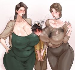 1boy 2girls absurdres blush breasts brown_hair cleavage collarbone glasses green_eyes highres huge_breasts long_hair lulu95402099 mature_female mole mole_on_breast mole_on_collarbone mole_under_mouth multiple_girls pink_eyes