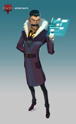 1boy arthur_watts black_gloves black_hair black_necktie black_shoes character_name coat collared_shirt commentary copyright_logo copyright_name english_commentary facial_hair fingerless_gloves fur-trimmed_coat fur_trim gloves gradient_background green_eyes highres holographic_interface jewelry male_focus mustache necktie official_art pants ring rwby shirt shoes short_hair signature simple_background smile solo standing uyalago yellow_shirt