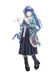 1girl black_boots blue_eyes blue_hair boots chain_paradox checkered_clothes checkered_kimono floral_print flower flute hair_flower hair_ornament highres holding holding_instrument instrument japanese_clothes kimono long_hair platform_boots sabae_38 solo standing transparent_background watatsumi_shizuku wide_sleeves