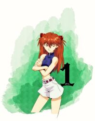 1girl amondetauro blue_shirt breasts contrapposto crop_top crossed_arms half-closed_eyes interface_headset_(evangelion) long_hair medium_breasts midriff navel neon_genesis_evangelion orange_hair shirt short_shorts shorts solo souryuu_asuka_langley white_shorts