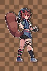 1girl animal_ears bandaid bandaid_on_face bandaid_on_nose belt beret black_gloves black_shorts black_socks blue_hat blue_jacket blue_overskirt blue_shoes brown_background brown_hair brown_tail checkered_background chest_strap colored_tips commentary_request criss-cross_straps cropped_jacket fingerless_gloves from_behind full_body gloves goggles goggles_on_head hand_up hat indie_virtual_youtuber jacket kneehighs legs_apart looking_at_viewer looking_back midriff multicolored_hair multiple_thigh_straps naviel open_hand outstretched_arm overskirt pixel_art raccoon_ears raccoon_girl raccoon_tail rakkun_sutaru red_belt red_eyes red_hair shin_strap shirt shoes short_hair shorts smirk sneakers socks solo spanish_commentary standing striped_tail tail turtleneck turtleneck_jacket virtual_youtuber white_shirt
