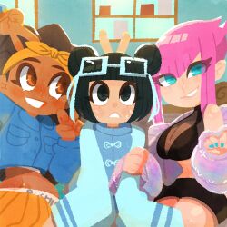 3girls black_bra black_hair black_skirt blue_eyes blue_nails blunt_bangs bow_hairband bra breasts brown_eyes brown_hair bunny_ears_prank chinese_clothes commentary cropped_jacket dark-skinned_female dark_skin double_bun dreadlocks english_commentary eyewear_on_head fingernails girl_sandwich glasses group_picture hair_bun hairband highres holding_another&#039;s_arm jacket kimberly_jackson li-fen long_hair manon_legrand medium_breasts midriff multiple_girls official_alternate_costume open_clothes open_jacket pink_hair sandwiched see-through_clothes short_hair_with_long_locks sitting skirt street_fighter street_fighter_6 underwear v white-framed_eyewear yellow_hairband zettonamo888