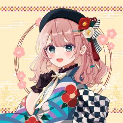 1girl beret black_gloves black_hat blue_eyes blue_kimono bow braid brown_background brown_hair checkered_bow checkered_clothes commentary_request egasumi floral_background flower from_side gloves hair_ornament hairclip hand_up hat highres japanese_clothes kimono long_sleeves looking_at_viewer looking_to_the_side original red_flower rino_cnc solo white_bow white_flower
