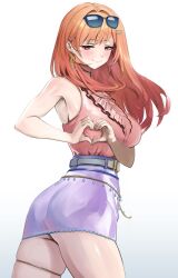 1girl absurdres ass belt breasts choker closed_mouth dalcom earrings eyewear_on_head hair_ornament hairclip heart heart_hands highres hololive hololive_dev_is ichijou_ririka jewelry large_breasts looking_at_viewer miniskirt orange_hair pink_shirt purple_skirt red_eyes shirt shirt_tucked_in simple_background skirt sleeveless sleeveless_shirt smile solo thigh_strap thighs twisted_torso
