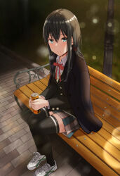 1girl bench black_coat black_hair black_jacket black_thighhighs blazer blue_eyes can canned_coffee closed_mouth coat collared_shirt drink_can full_body georgia_max_coffee hair_ribbon highres holding holding_can jacket lens_flare long_hair looking_at_viewer neck_ribbon night on_bench outdoors park_bench plaid_clothes plaid_skirt pleated_skirt red_ribbon ribbon school_uniform shirt shoes shukurin sitting skirt sneakers sobu_high_school_uniform solo thighhighs white_shirt white_shoes winter_uniform wooden_bench yahari_ore_no_seishun_lovecome_wa_machigatteiru. yukinoshita_yukino zettai_ryouiki