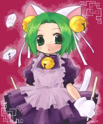 1girl animal_ears apron bell cat_ears cat_girl cat_tail cowboy_shot dejiko di_gi_charat green_eyes green_hair holding jingle_bell kemonomimi_mode mahjong mahjong_tile mkchu_ikaika neck_bell parted_lips pink_background solo tail white_apron