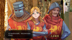 1girl 2boys armor blonde_hair brown_eyes brown_hair closed_mouth crossed_arms facial_hair gongxiao_zao green_eyes helmet knight long_hair long_sleeves looking_at_viewer mount_&amp;_blade multiple_boys mustache original outdoors polearm shield spear tree warrior weapon