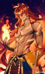 1boy abs aged_up arm_tattoo armor artist_name braid chest_tattoo colored_inner_hair dark-skinned_male dark_skin fire genshin_impact gold_trim hair_between_eyes highres jk_4140 looking_at_viewer male_focus multicolored_hair muscular muscular_male navel orange_eyes orange_hair red_hair single_braid solo stomach tattoo topless_male twitter_username xbalanque_(genshin_impact)