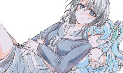 Rule 34 | 2girls, arms around waist, bang dream!, black hair, black jacket, blue dress, blue eyes, blue hair, blush, closed eyes, closed mouth, dress, highres, hood, hoodie, hug, hug from behind, jacket, matsubara kanon, multiple girls, okusawa misaki, one side up, opi, parted lips, simple background, smile, sweatdrop, white background, white hoodie, yuri