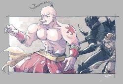 Rule 34 | 3boys, armor, artist name, black armor, blonde hair, boots, braid, braided ponytail, cecil harvey, earrings, edward chris von muir, facial hair, fighting stance, final fantasy, final fantasy iv, furrowed brow, grey boots, hat, jewelry, male focus, michibata 65, multiple boys, muscular, muscular male, mustache, open mouth, pants, red hat, red pants, sash, scarf, shoulder spikes, shoulder tattoo, spikes, striped clothes, striped scarf, sweatdrop, tattoo, topless male, waist sash, yang fang leiden