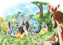 1girl aggron black_eyes blue_eyes blue_sky breasts brown_eyes brown_hair bush closed_eyes cloud cloudy_sky commentary_request day eevee espeon evolutionary_line flareon flower gen_1_pokemon gen_2_pokemon gen_3_pokemon gen_4_pokemon gen_6_pokemon glaceon grass hair_ribbon huiyuan jolteon leafeon may_(pokemon) mega_aggron mega_evolution mega_pokemon nintendo on_head on_lap outdoors plant pokemon pokemon_(creature) pokemon_on_back pokemon_on_head pokemon_on_lap pokemon_on_leg pokemon_oras purple_eyes red_ribbon ribbon short_hair sidelocks sitting sky small_breasts smile stretching sylveon tree umbreon vaporeon yawning