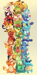 absurdres animal_focus bulbasaur charmander chespin chikorita chimchar claws closed_eyes closed_mouth cyndaquil fennekin fire froakie game_freak gen_1_pokemon gen_2_pokemon gen_3_pokemon gen_4_pokemon gen_5_pokemon gen_6_pokemon gen_7_pokemon gen_8_pokemon glasses grookey highres holding isis_(chawcawts) licking litten mouth_hold mudkip nintendo no_humans open_mouth oshawott pikachu piplup plant pokemon pokemon_(creature) popplio rowlet scorbunny seashell shell smile snivy sobble squirtle stick tears tepig thumbs_up torchic totodile treecko turtwig vines