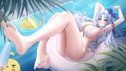 1girl absurdres aichinaigai alsace_(azur_lane) alsace_(heat_beating_summer_sacrament)_(azur_lane) armpits arms_up ass azur_lane barefoot between_breasts bikini blue_eyes blue_hair blush breasts cleavage detached_collar flower hair_flower hair_ornament hair_spread_out highres legs long_hair looking_at_viewer manjuu_(azur_lane) nail_polish navel official_alternate_costume pool soles spread_toes stomach sunglasses swimsuit toes very_long_hair water white_bikini