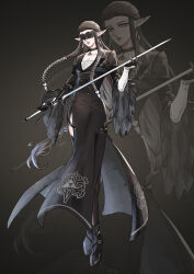 1girl alternate_costume alternate_universe black_blindfold black_boots black_dress black_gloves black_jacket black_shorts black_socks black_thighhighs blindfold blonde_hair blunt_bangs boots braid breasts brown_hair cleavage crown_braid dress earrings feather_trim full_body gloves hair_ornament hair_ribbon hairclip highres holding holding_instrument holding_lyre holding_sword holding_weapon instrument jacket jewelry kneehighs kurokawa_karasu long_hair lyre medium_breasts nier:automata nier_(series) nintendo parted_lips pelvic_curtain pointy_ears princess_zelda ribbon short_hair shorts side_slit sidelocks single_braid socks solo sword the_legend_of_zelda the_legend_of_zelda:_breath_of_the_wild the_legend_of_zelda:_skyward_sword the_legend_of_zelda:_twilight_princess thigh_boots thighhighs waist_cape weapon white_ribbon