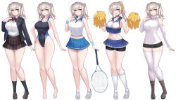 1girl armband bare_legs barefoot black_shorts black_socks blazer blue_skirt blush bow bowtie breasts brown_footwear brown_skirt celestia_quartz cheerleader clothing_cutout competition_swimsuit covered_navel crop_top crop_top_overhang highleg highleg_one-piece_swimsuit highres holding holding_pom_poms jacket kutan large_breasts long_sleeves microskirt midriff navel one-piece_swimsuit one_eye_closed original pom_pom_(cheerleading) pom_poms ponytail racket red_bow red_bowtie school_uniform shirt shoes short_shorts shorts shoulder_cutout simple_background skirt sneakers socks sportswear sweater swimsuit tennis_racket tennis_uniform thighhighs variations white_background white_footwear white_shirt white_socks white_sweater white_thighhighs