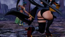 2girls 3d ass ass_focus black_leotard breasts butterfly_swords curvy fighting highleg highleg_leotard highres holding holding_weapon huge_ass iroha_(samurai_spirits) kneeling large_breasts leotard maid maid_headdress multiple_girls ponytail ryona samurai_spirits screencap shiny_skin sideboob skindentation thighhighs third-party_edit thong_leotard weapon wide_hips