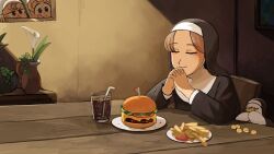 3girls bendy_straw bird blonde_hair blue_eyes brown_eyes brown_hair burger chicken closed_eyes clumsy_nun_(diva) cola commentary corn cup diva_(hyxpk) drinking_glass drinking_straw duck english_commentary flower food french_fries froggy_nun_(diva) habit highres hungry_nun_(diva) little_nuns_(diva) multiple_girls nun own_hands_clasped own_hands_together plate praying sitting slice_of_life table traditional_nun vase