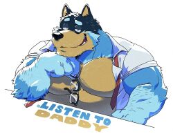 1boy animal_ears bandit_heeler bara belly biceps black_fur blue_fur bluey commentary dog_boy dog_ears dog_nose english_commentary fangs furry furry_male gamubear holding holding_removed_eyewear looking_at_viewer male_focus multicolored_fur muscular muscular_male necktie open_clothes open_mouth open_shirt pectorals plump red_necktie shirt sleeves_rolled_up smile undone_necktie unworn_eyewear white_shirt yellow_fur