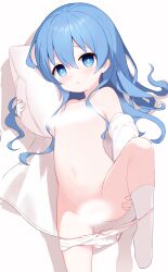 1girl absurdres arm_up blue_eyes blue_hair blush bow bow_panties breasts censored dakimakura_(medium) date_a_live gluteal_fold groin highres himekawa_yoshino leg_up legs loli long_hair lying navel no_shoes on_back panties panty_pull pawrorikon pillow ribbon small_breasts socks spread_legs stomach thigh_gap thighs twintails underwear white_panties white_socks