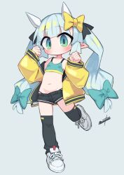 1girl aqua_bow aqua_eyes aqua_sports_bra bare_shoulders black_panties black_ribbon black_shorts black_thighhighs blue_hair blush bow breasts clenched_hands closed_mouth commentary_request demon_girl demon_horns dot_mouth foot_up full_body grey_background hair_bow hands_up highleg highleg_panties highres horns jacket large_bow long_hair long_sleeves looking_at_viewer midriff nanatsuta navel off_shoulder open_clothes open_jacket original panties pointy_ears puffy_long_sleeves puffy_sleeves ribbon shoes short_shorts shorts sidelocks signature simple_background sleeves_past_wrists small_breasts sneakers solo sports_bra standing standing_on_one_leg stomach thighhighs twintails underwear very_long_hair white_sneakers yellow_bow yellow_jacket