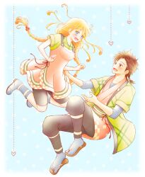1boy 1girl :d alternate_costume azu_rin_go bike_shorts_under_skirt black_pants black_shirt black_shorts blonde_hair blue_background blue_eyes blue_shoes blush bokujou_monogatari bokujou_monogatari:_mittsu_no_sato_no_taisetsuna_tomodachi border braid brown_eyes brown_hair checkered_clothes collarbone collared_shirt curly_hair falling floating_hair green_haori green_shirt hair_between_eyes hair_bobbles hair_ornament haori heart highres hinata_(bokujou_monogatari) japanese_clothes kimono legs_up long_hair looking_at_another low_twin_braids nanami_(bokujou_monogatari) open_mouth overalls pants polka_dot polka_dot_background ponytail rattail red_kimono red_overalls sandals shirt shirt_under_kimono shoes short_ponytail short_sleeves shorts side_part sleeves_rolled_up smile spiked_hair tabi three-quarter_sleeves twin_braids very_long_hair white_border wing_collar zouri