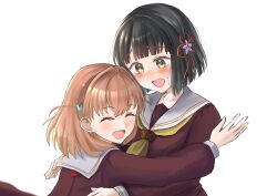 2girls :d ^_^ absurdres black_hair blunt_bangs blunt_ends blush bob_cut brown_dress cerise_bouquet closed_eyes commentary dress flower flower_knot hair_flower hair_intakes hair_ornament hasu_no_sora_school_uniform highres hinoshita_kaho hug link!_like!_love_live! long_sleeves love_live! medium_hair momose_ginko multiple_girls neckerchief nose_blush open_mouth orange_hair pink_flower ponyou1030 red_neckerchief sailor_collar sailor_dress school_uniform short_hair simple_background smile surprise_hug virtual_youtuber white_background white_sailor_collar winter_uniform yellow_neckerchief