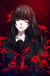 1girl black_hair blurry blurry_background blurry_foreground closed_eyes commentary_request eyeshadow facing_viewer flower highres jia_xiao lipstick long_hair makeup neckerchief original red_eyeshadow school_uniform serafuku smile solo spider_lily upper_body