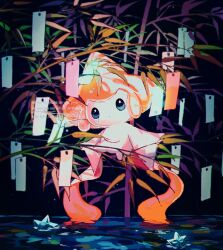 Rule 34 | branch, colored skin, full body, gen 3 pokemon, hashtag-only commentary, highres, jirachi, legendary pokemon, looking at viewer, mythical pokemon, nintendo, no humans, parted lips, pokemon, pokemon (creature), pokemon focus, solo, su (sajo su5), tanabata, tanzaku, twitter username, water, white skin