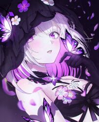 Rule 34 | 1girl, ame shizuri., bare shoulders, black dress, black gloves, black veil, breasts, bug, butterfly, butterfly on hand, castorice (honkai: star rail), dress, flower ornament, gloves, hashtag-only commentary, highres, honkai: star rail, honkai (series), insect, medium breasts, parted lips, purple eyes, purple hair, short hair, solo, upper body, veil