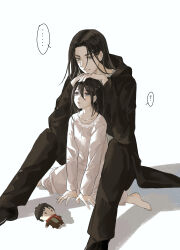 ... 1boy 1girl ? absurdres age_difference barefoot black_hair black_jacket black_pants character_doll child dress eren_yeager grey_eyes hair_between_eyes hands_on_another&#039;s_head highres jacket long_dress long_hair mikasa_ackerman pants parted_bangs parted_lips red_scarf scarf shingeki_no_kyojin sitting spoken_ellipsis spoken_question_mark stuffed_toy white_background white_dress zhuse_fuxianqing